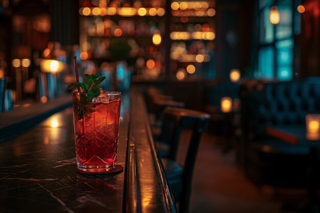 Colorful cocktails in a glass on the bar counter neon lights on dark night background with lights