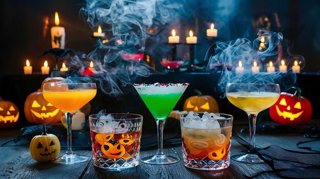 ハロウィンのスタイルでカラフルなカクテル暗い祭りの背景に煙をつけて暗くて邪悪なスタイルでアルコールおよび非アルコールカクテル