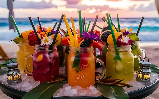 Foto colorful cocktails in jar with ice on the beach bar table close up