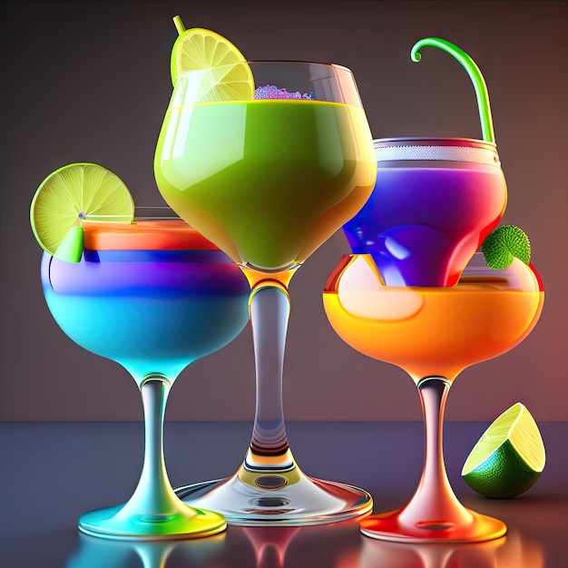 Photo colorful cocktails with lime on the bar counter party club entertainment 3d illustration