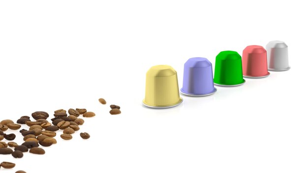 Photo colorful coffee capsules and coffee beans isolated on white background