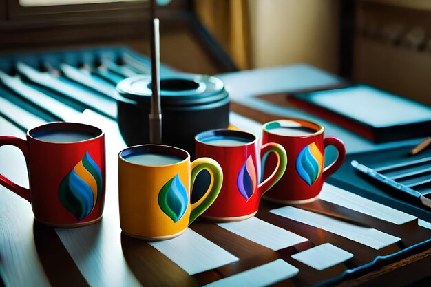 Foto tazze di caffè colorate sono allineate su un tavolo.