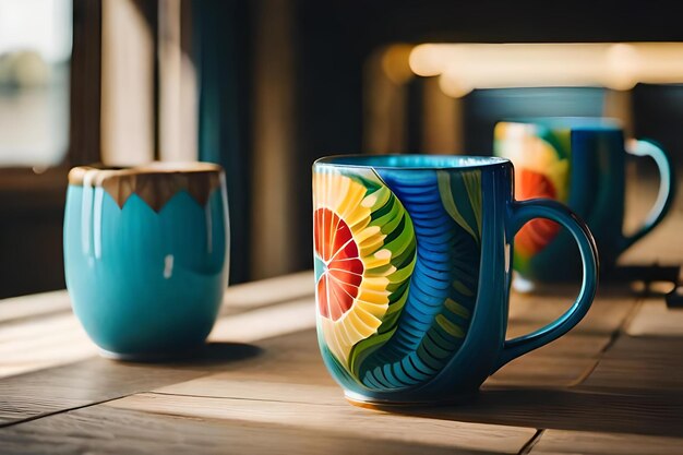 A colorful coffee mug with a design on the front