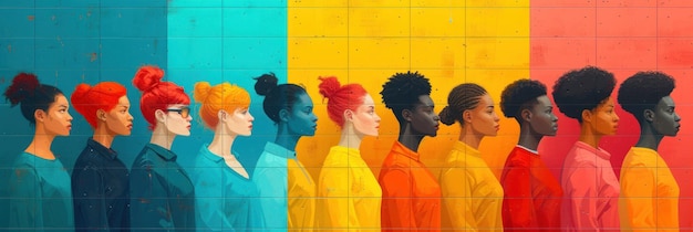 Foto coloroso profilo di coesione vista di individui diversi su uno sfondo vibrante