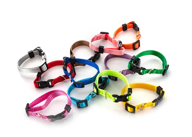Colorful collars in front of white background