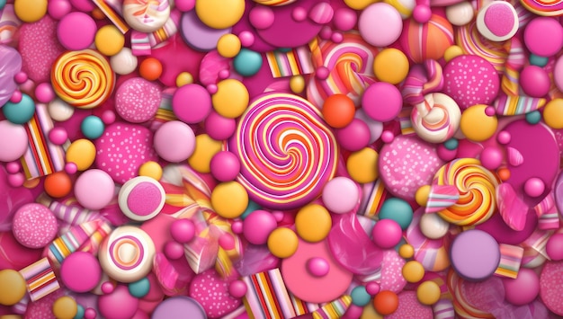 A colorful collection of candies and lollipops on a vibrant pink abstract backdrop perfect for sweetthemed decorations Ai generative