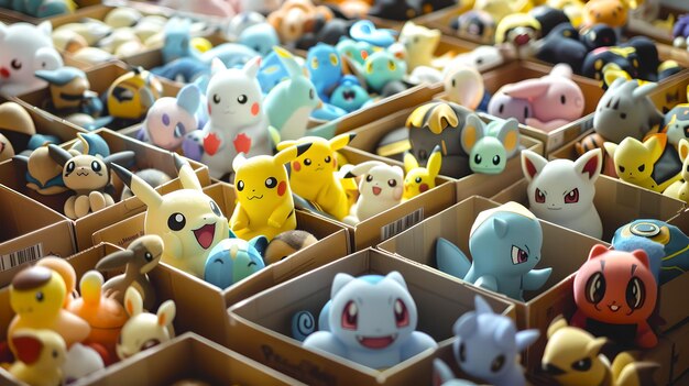 Colorful collection of cartoon plush toys in boxes at a market Cute vibrant and playful display for collectors and children Perfect for a themed background AI