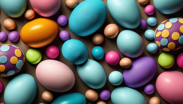 A colorful collection of chocolate eggs with the word easter on the bottom.