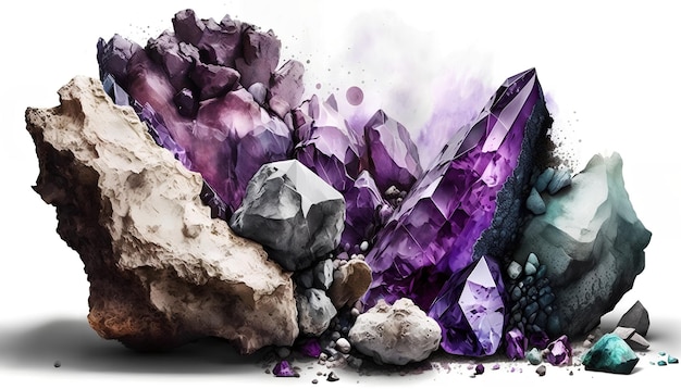 A colorful collection of crystals with purple and blue crystals.