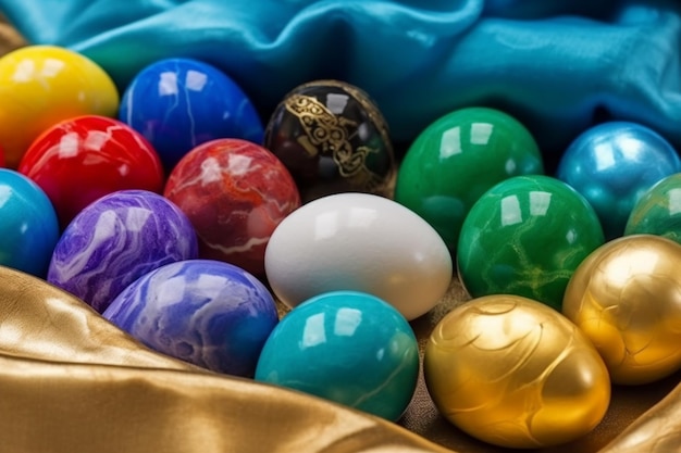 A colorful collection of easter eggs with gold and blue silk