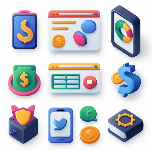 a colorful collection of icons including a blue and orange box with a dollar sign on it