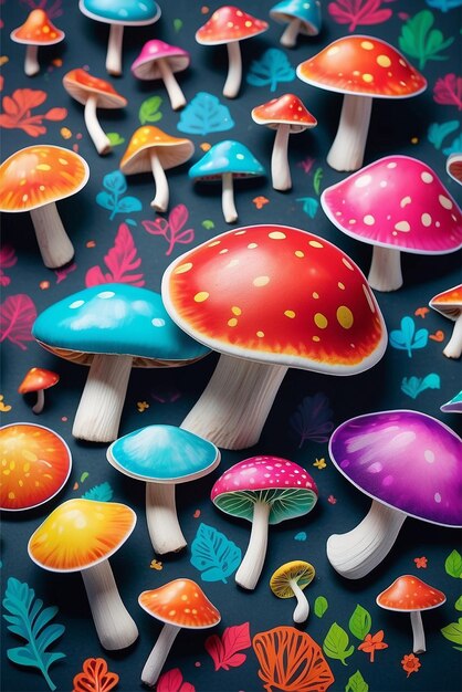 '버섯'이라는 단어가 새겨진 다채로운 버섯 컬렉션