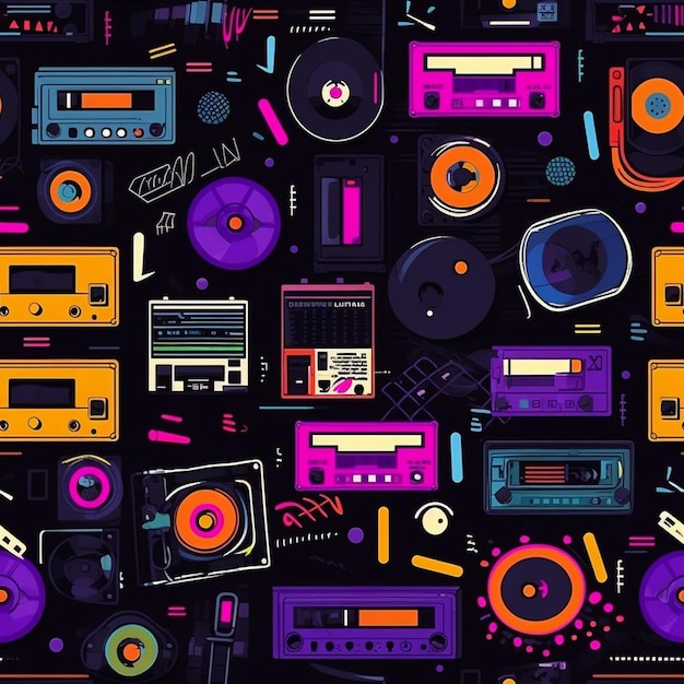 A colorful collection of old electronic music and a colorful background.