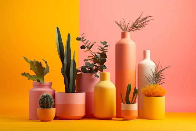 A colorful collection of pink and orange vases with plants and a cactus