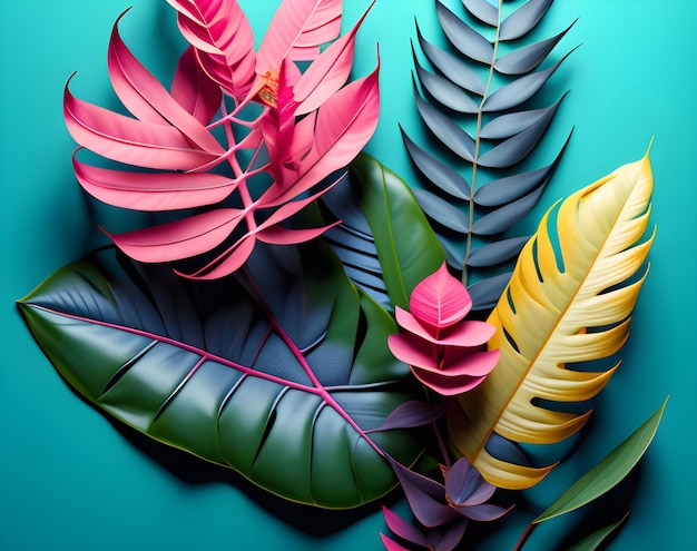 A colorful collection of tropical leaves on a turquoise background