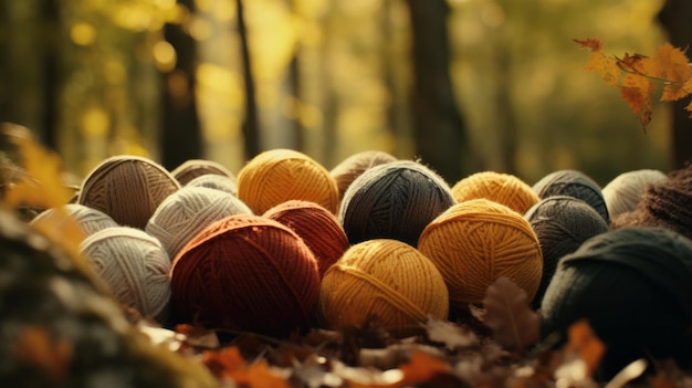 A colorful collection of yarn balls resting in a bed of autumn leaves