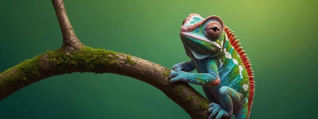 Colorful colored chameleon on brunch with big eye on a solid color background banner with Copy space