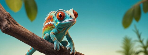 Colorful colored chameleon on brunch with big eye on a solid color background banner with Copy space