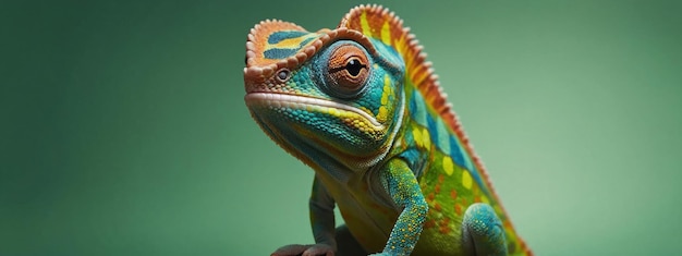 Photo colorful colored chameleon with big eye on a solid color background banner with copy space