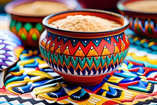 A colorful colorful bowl of rice sits on a colorful table cloth