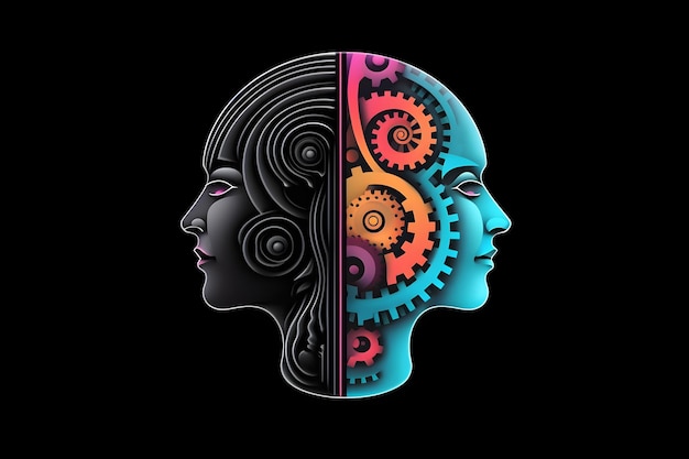 A colorful and colorful illustration of a man and woman with gears on the left side.