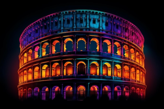 A colorful colosseum lit up with lights on it.