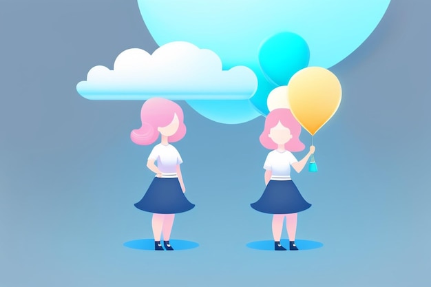 Colorful companions illustration of two female characters holding blue and orange balloonsfe