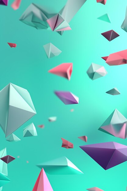 Colorful composition of flying figures on light metallic green mint background glowing triangle