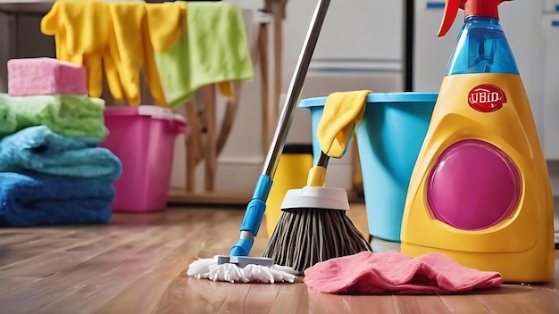 Colorful composition with a mop sponges rags gloves and detergents for general cleaning