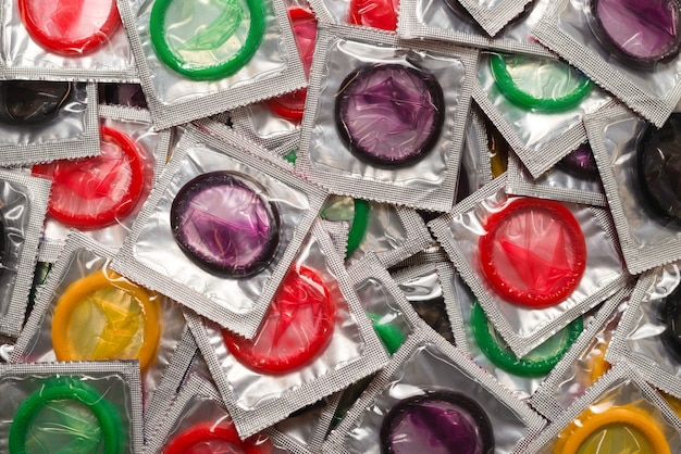 Colorful condoms wall. Top view.