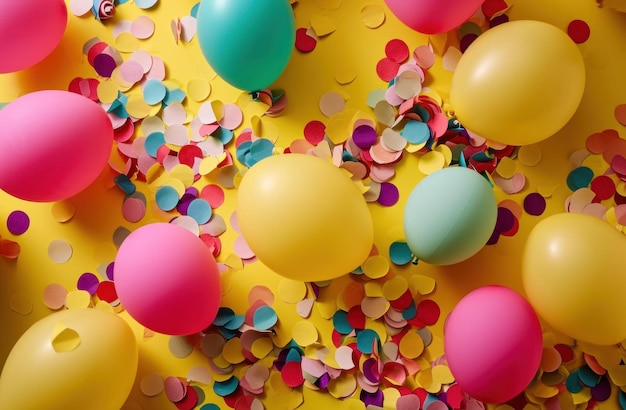 Photo colorful confetti and balloons are on a yellow background