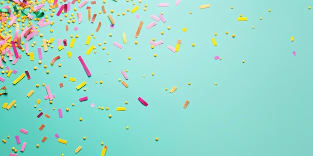 Colorful confetti and candy on a teal background with copy space