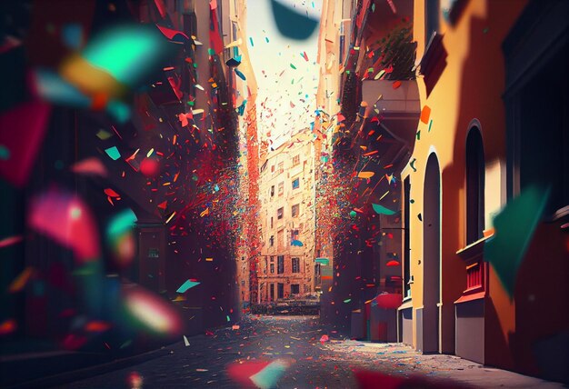 Colorful confetti flying in the air over a city in the style of colorful street scenes