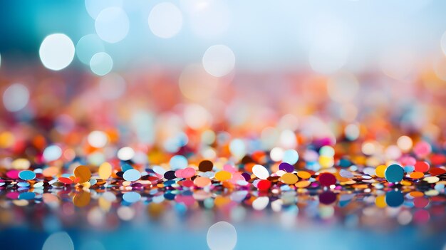 Colorful confetti in front of colorful background with bokeh for party