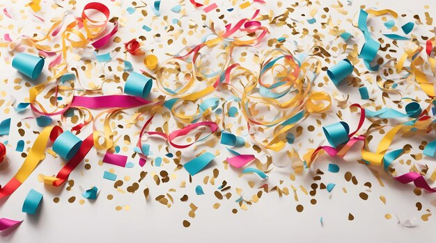 Confetti colorati e streamers vivaci artisticamente disposti su uno sfondo bianco pulito confetti e nastri di carnevale ai generative