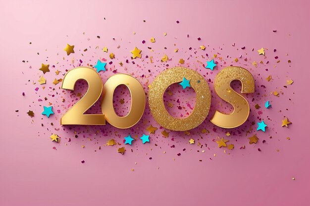 Colorful confetti stars on pink happy new year background