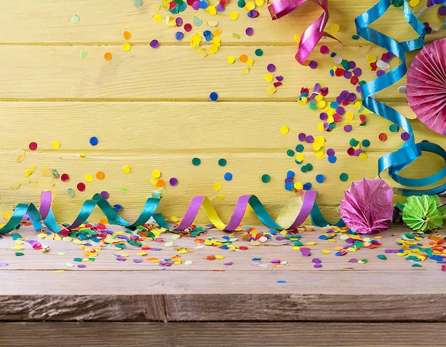 Foto confetti colorati e strisce su sfondo di legno concetto di festa