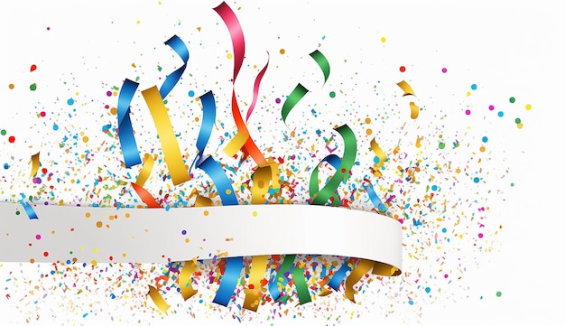 A colorful confetti with ribbons and a banner for a party.