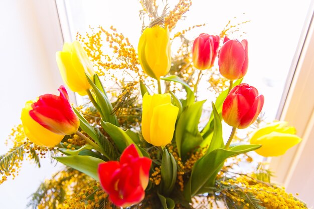 튤립과 미모사의 다채로운 축하 봄 꽃다발. 작은 초점이 선택되었습니다.