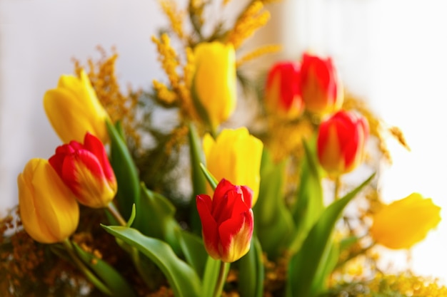 Красочный поздравительный весенний букет из тюльпанов и мимозы. Выбран малый фокус.