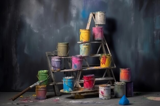 Photo colorful construction repairing a stepladder with multicolored paint cans ai