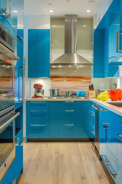 A colorful contemporary kitchen with bright blue cabinets and sleek stainless steel appliances set against a backdrop of white walls with copy space