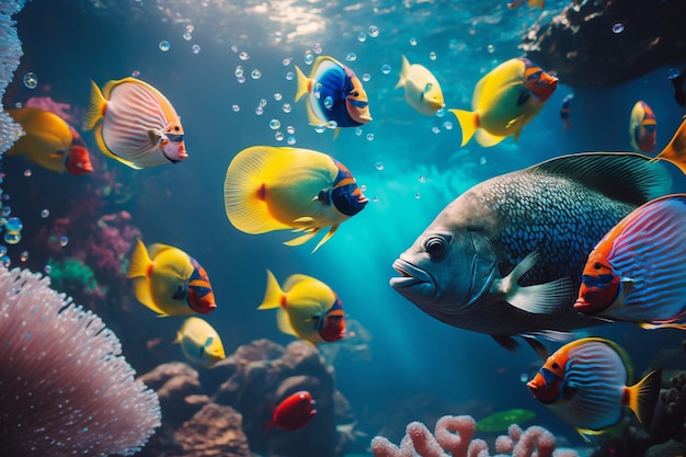 青い海に浮かぶカラフルなサンゴ礁の魚 ジェネレーティブ AI