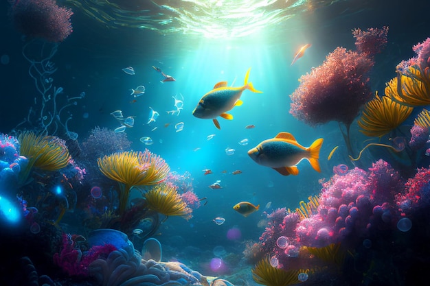 Colorful coral reef and fish Clean underwater world scene Created with Generative AI technology