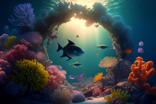 Colorful coral reef and fish Clean underwater world scene Created with Generative AI technology