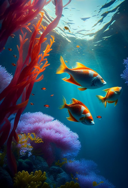 제너레이티브 AI 기술로 만든 다채로운 산호초와 물고기 깨끗한 수중 세계 장면