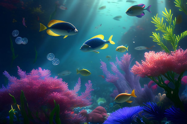 Colorful coral reef and fish Clean underwater world scene Created with Generative AI technology