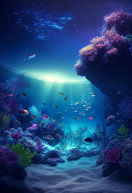 제너레이티브 AI 기술로 만든 다채로운 산호초와 물고기 깨끗한 수중 세계 장면