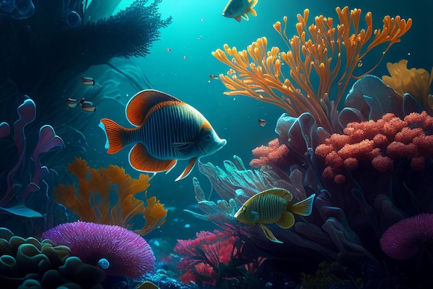 カラフルなサンゴ礁と魚 ジェネレーティブ AI テクノロジーで作成されたきれいな水中世界シーン