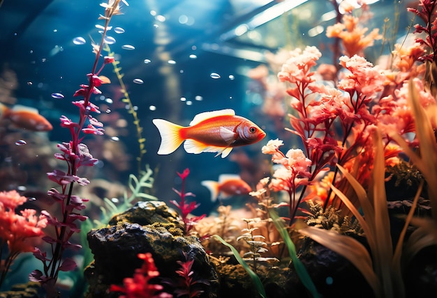 colorful coral reef and fish swimming with a colorful ocean